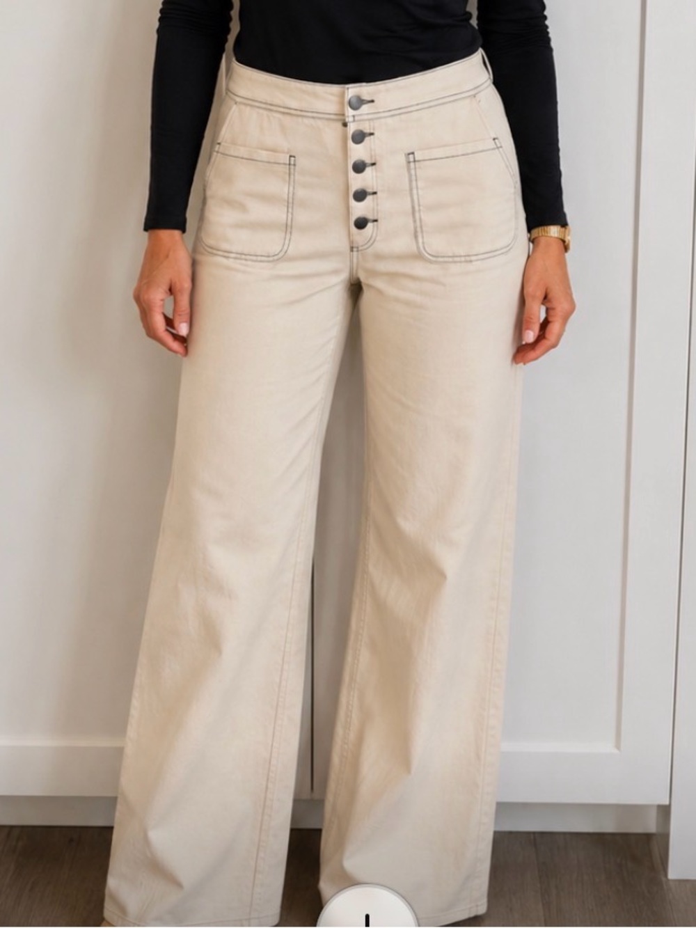 GB women’s Cream High-Rise Wide-Leg Button Front Pants